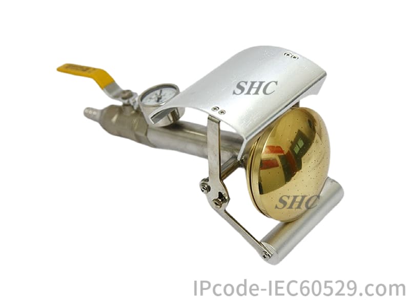 Precisely machined spray nozzle according to IEC 60529 Suitable for both IPX3 and IPX4 testing Stainless steel construction for durability Adjustable spray angle Ergonomic handle design Built-in flow rate control Quick-connect water coupling Pressure gauge included Calibration certificate available Compliant with international testing standards